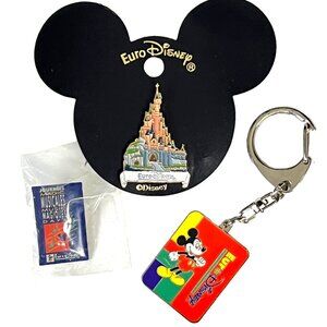 Euro Disney Paris 3 Vtg Pin Keychain Bundle Castle Mickey Mouse Magic Music Days